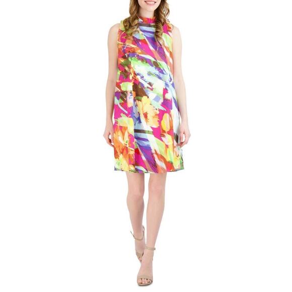 Robbie Bee Women's Printed Mock Neck Shift Dress flowy M multi fairycore boho - Picture 2 of 11